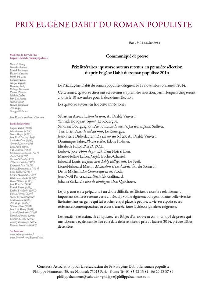 Prix Eugène Dabit du roman populiste 2014
