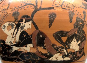 Dionysos et Ariane sous une vigne (amphore à col attique à figures noires, vers 520 av. J.-C.)